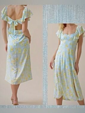 Altard State Light Blue/Yellow Silky Floral Open Back Bow Tie Dress: M